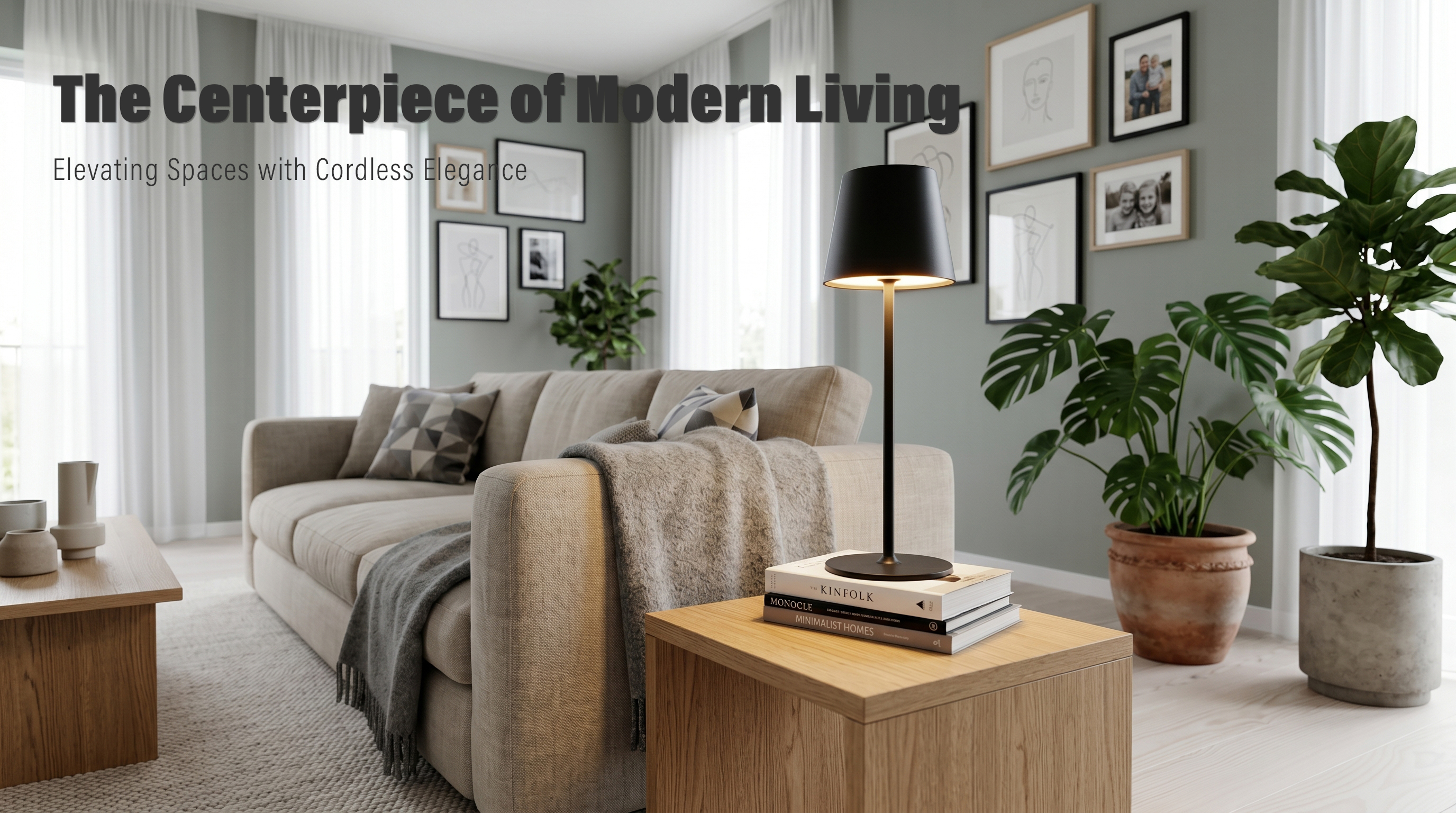 Modern matte black cordless LED table lamp with cinematic living room background, featuring 'The Centerpiece of Modern Living' text.