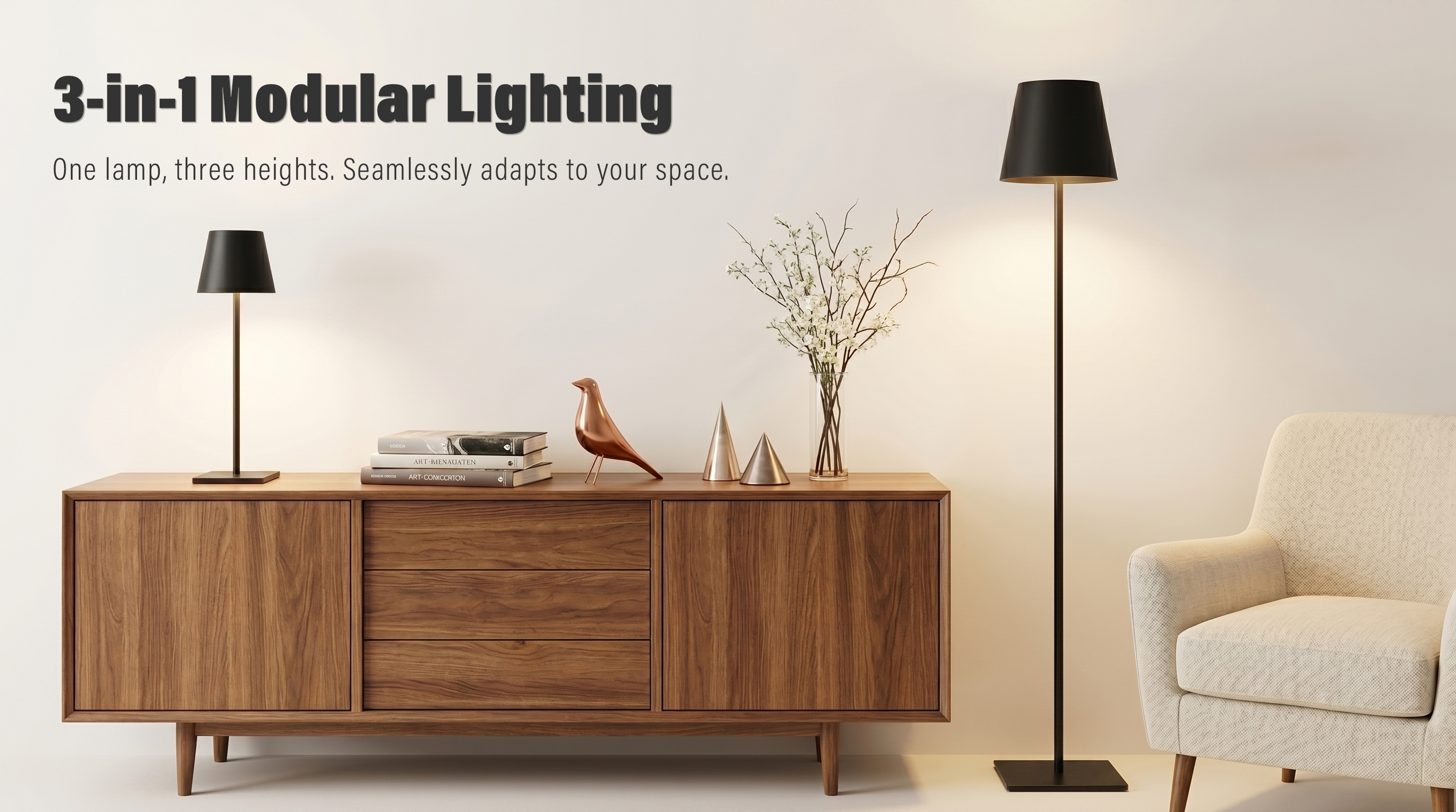 Modern black cordless LED lamps in two different heights (desk and floor versions) displayed in a minimalist living room setting with wooden furniture.