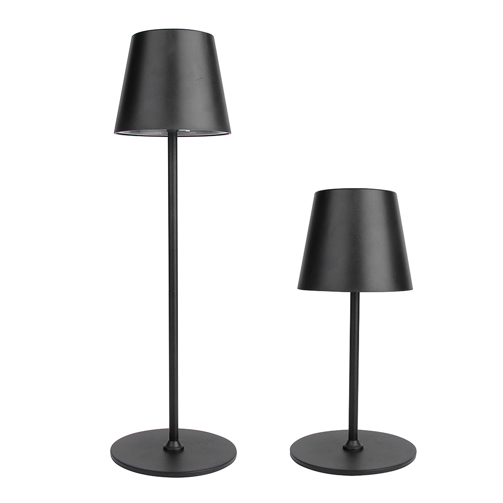 Black rechargeable cordless table lamp with round base, available in different heights
