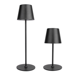 Black rechargeable cordless table lamp with round base, available in different heights