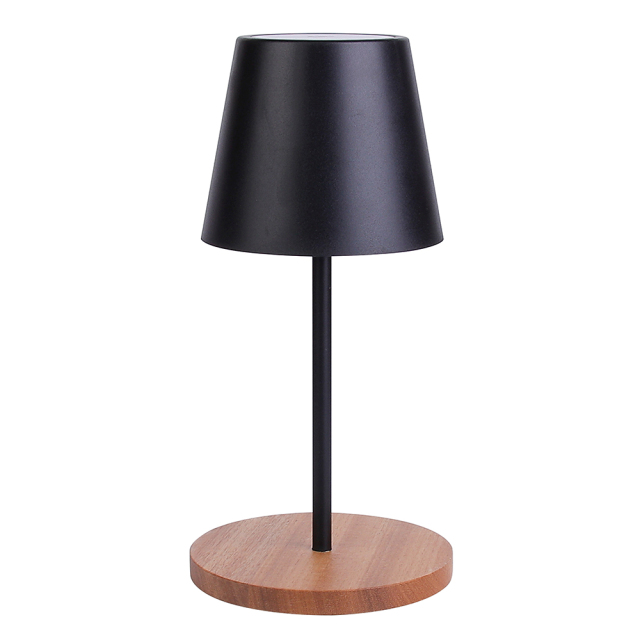 Modern black cordless table lamp with decorative wood grain base, rechargeable dimmable LED bedside light for home and restaurant.