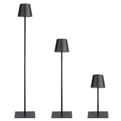 Industrial black cordless lamp with dome shade and 3-level height adjustment for modern interior decor.