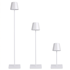 Scandinavian style white cordless lamp with rounded dome head and three interchangeable pole lengths.
