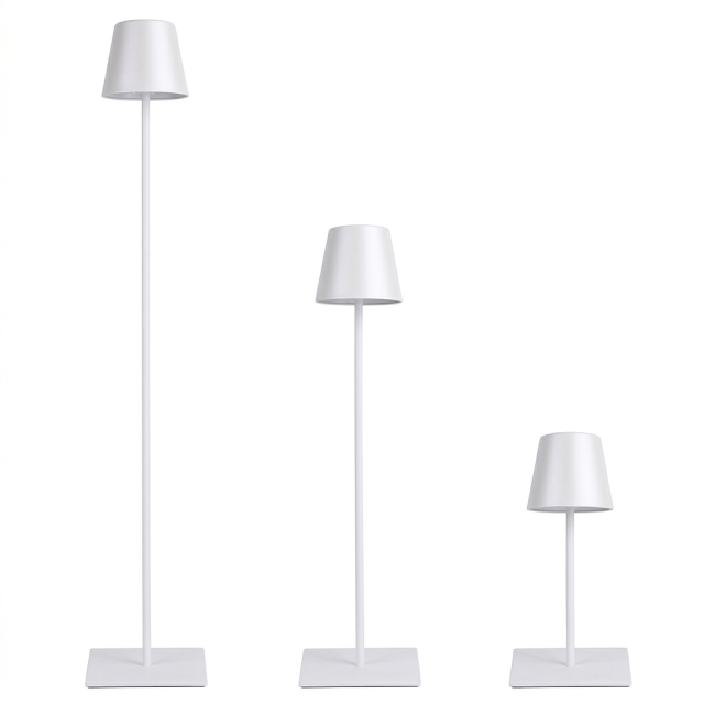 Scandinavian style white cordless lamp with rounded dome head and three interchangeable pole lengths.