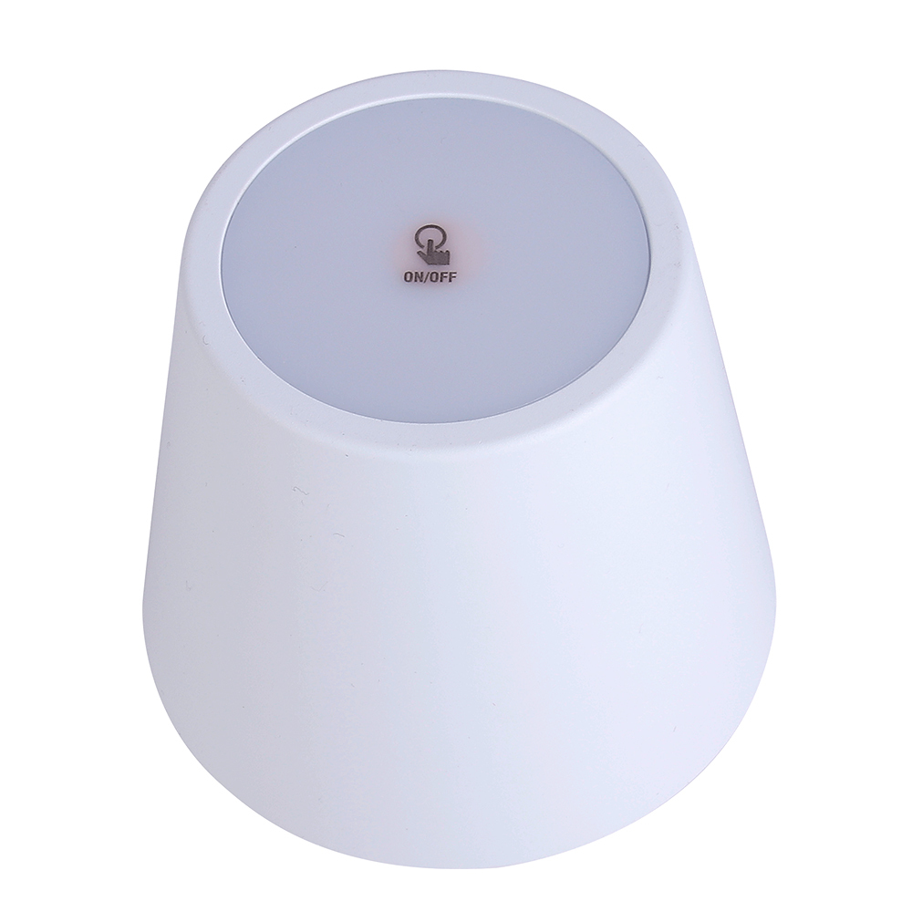 Top view showing the sensitive touch control interface of a white rechargeable bottle lamp head.