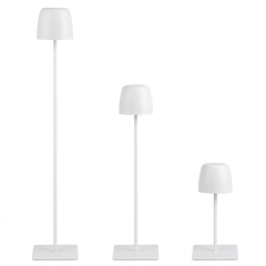 Sleek white modular LED lamp with round shade, perfect for customizable home or office lighting.