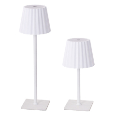 White pleated shade rechargeable desk lamp with square base for restaurant