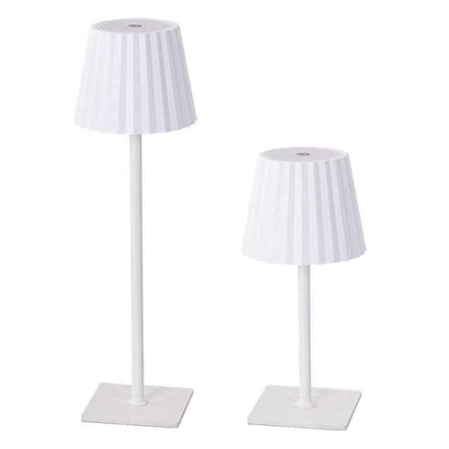 White pleated shade rechargeable desk lamp with square base for restaurant