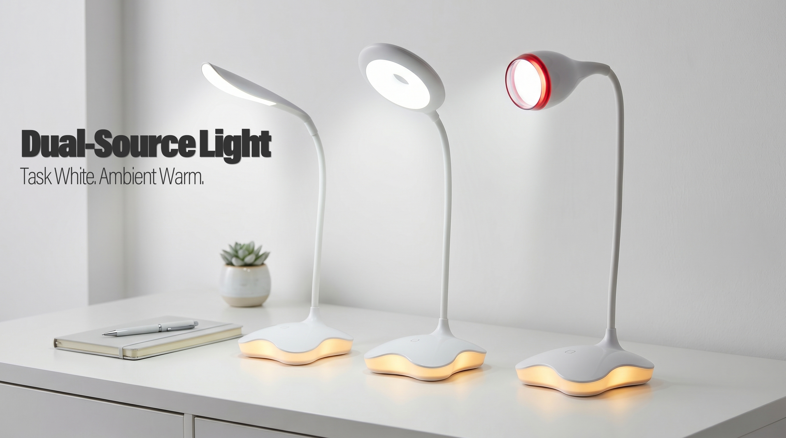 Three white flexible LED desk lamps with cool white task lighting and warm amber night light bases on a minimalist white desk.