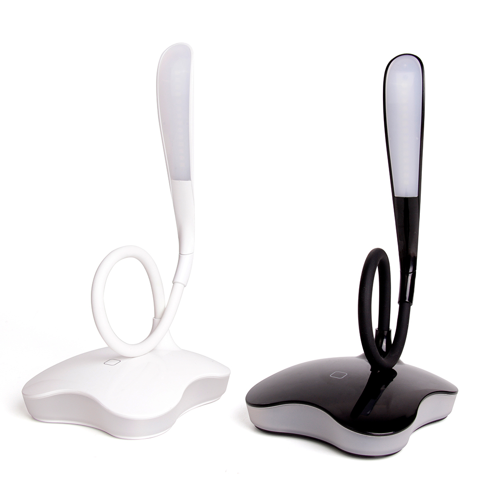 Two flexible gooseneck LED desk lamps in black and white with 360-degree rotation.