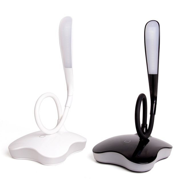 Two flexible gooseneck LED desk lamps in black and white with 360-degree rotation.