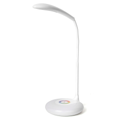 White flexible LED desk lamp HG-BL012 with 360-degree gooseneck and RGB base.