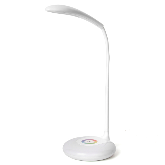 White flexible LED desk lamp HG-BL012 with 360-degree gooseneck and RGB base.