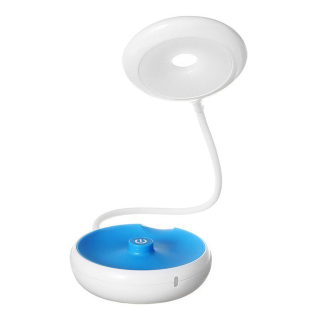 White and blue portable LED desk lamp with ring head and flexible neck for home office.