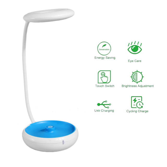 Key features of the eye-care desk lamp including USB charging and brightness adjustment.