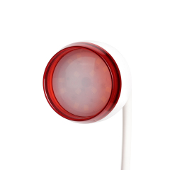 Detail of the red ring cylindrical lamp head with integrated LED light source.