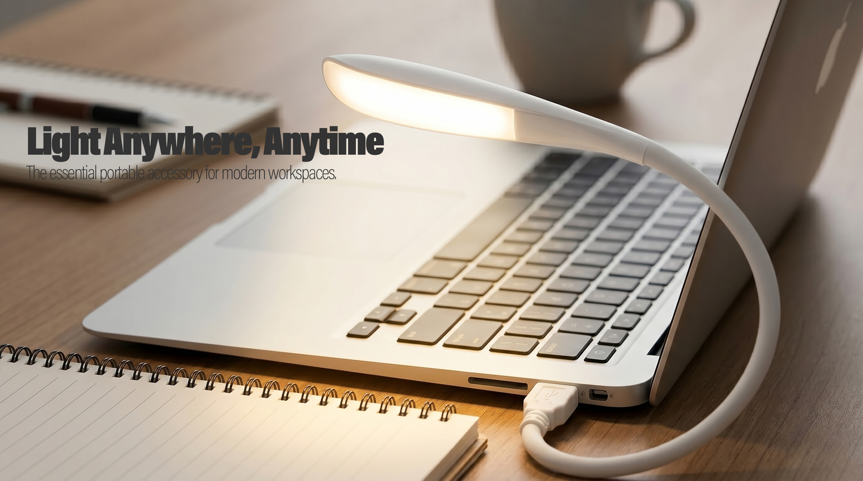 Flexible USB LED lamp connected to a laptop for office lighting and reading use