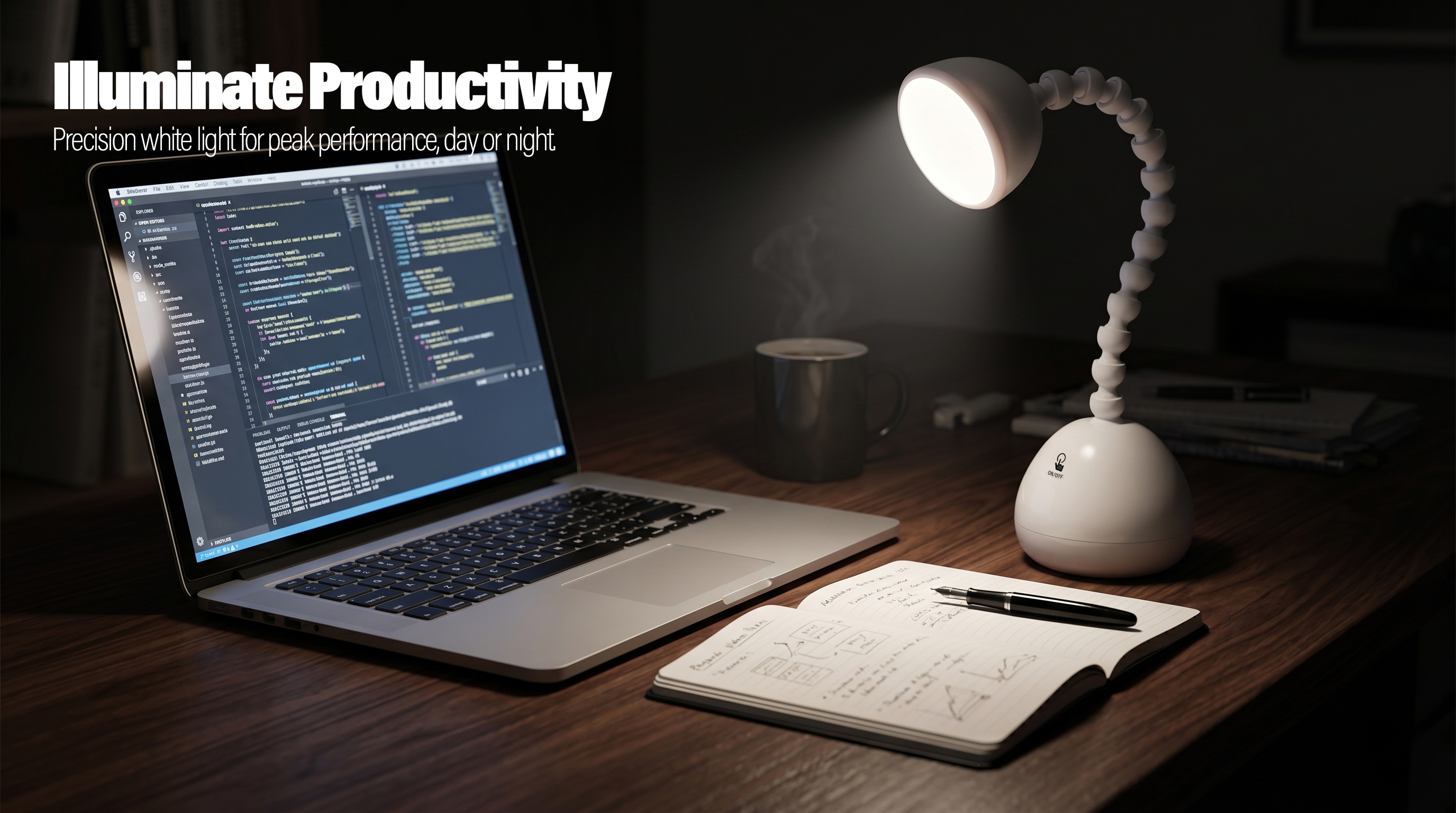 Adjustable white gooseneck LED desk lamp providing cool white light for night office work.