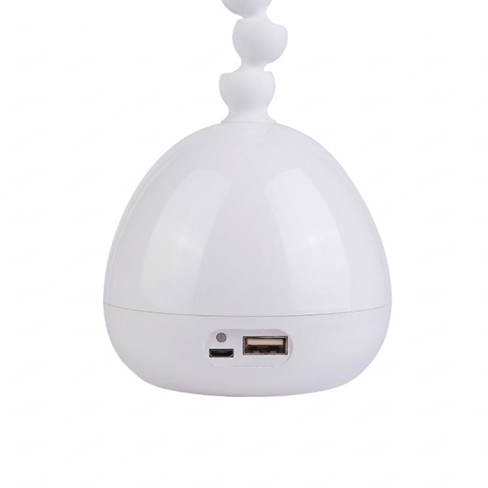 Detail of dual power LED desk lamp with USB DC port and 18650 battery compartment for continuous use.