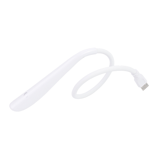 White portable USB LED reading light in straight pose, showing the standard USB interface for PC, Power Bank.