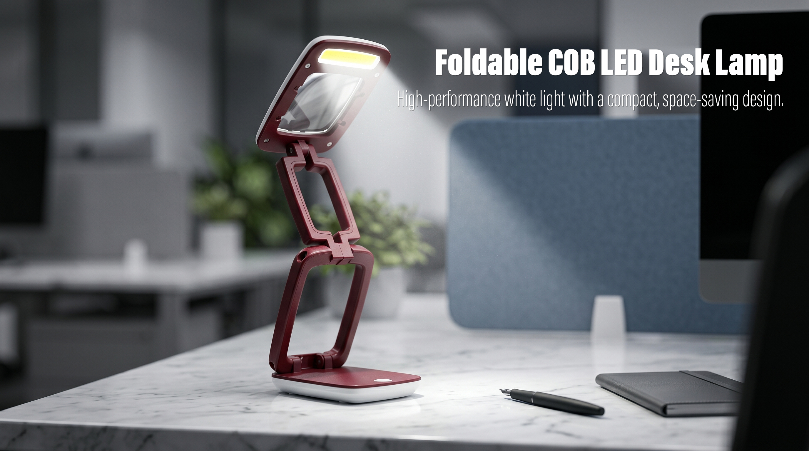 Burgundy foldable LED desk lamp with white COB light illuminated on a minimalist office desk.