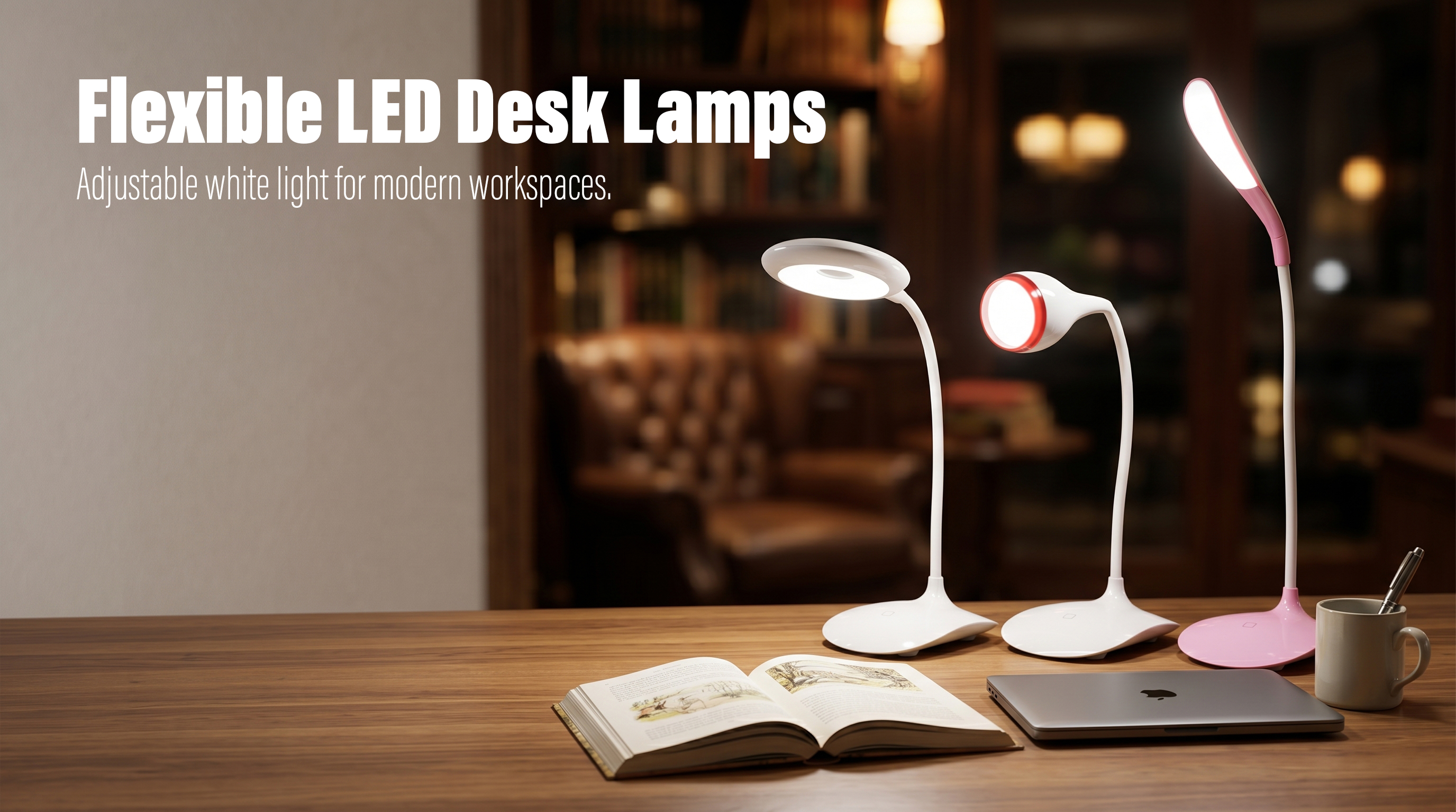 Three white and pink flexible neck LED desk lamps arranged on the right side of a wooden desk, emitting bright white light in a modern study room environment.