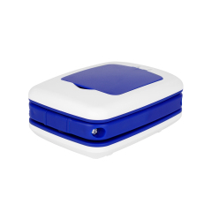 Blue compact folded LED light showing the portable design for travel.
