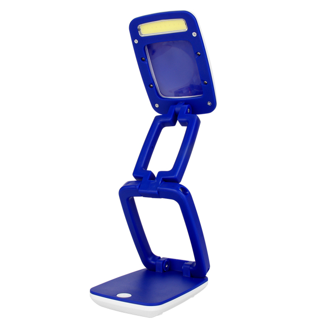 Blue folding LED light for reading featuring a rectangular lamp head.
