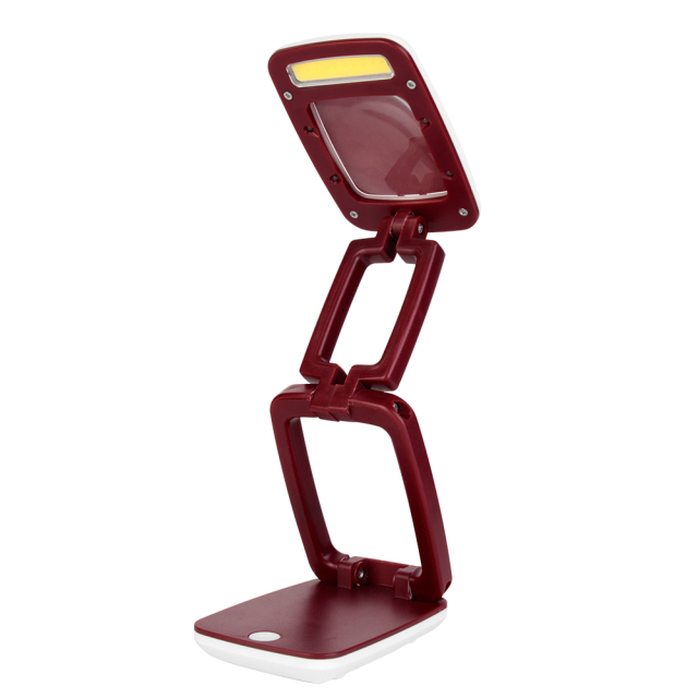 Burgundy foldable LED desk lamp showing the flexible frame and white base.