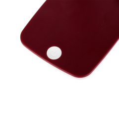Close-up of the burgundy lamp base featuring a white circular power button.