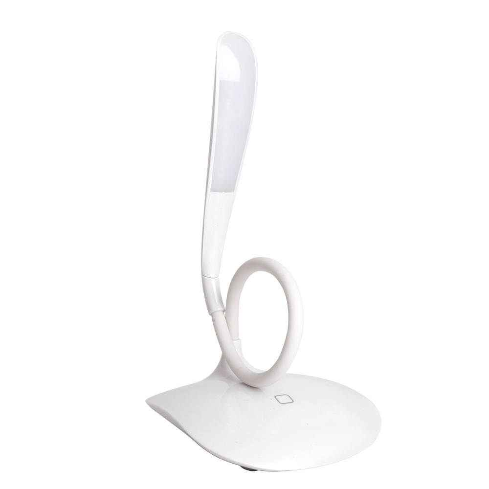 Foldable LED reading light with touch sensor and white minimalist base.