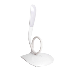 Foldable LED reading light with touch sensor and white minimalist base.