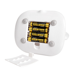 Battery-powered desk lamp showing 4xAAA battery compartment.