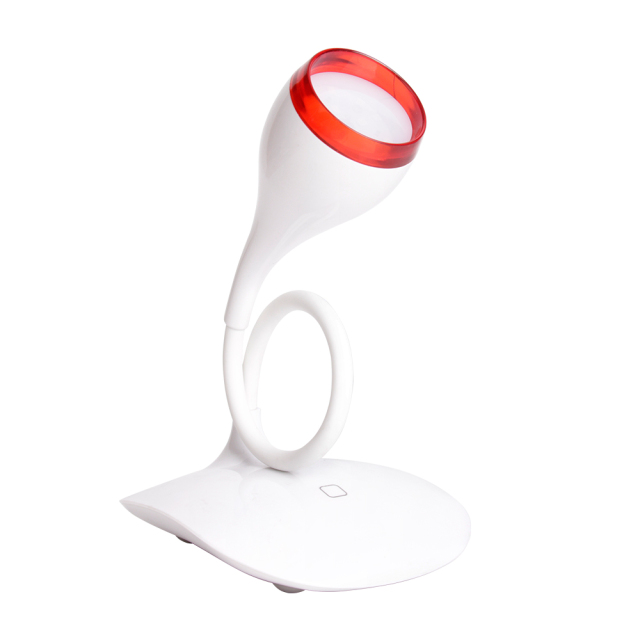 Modern LED table lamp featuring a sleek design with red trim.