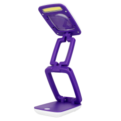 Purple foldable LED reading lamp with magnifying glass and white base.