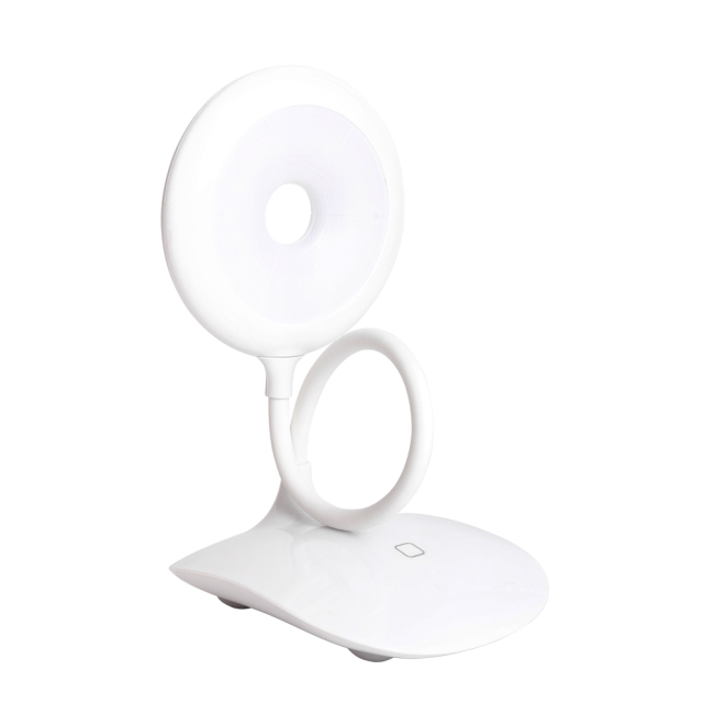 Round head LED reading lamp with integrated touch control switch.