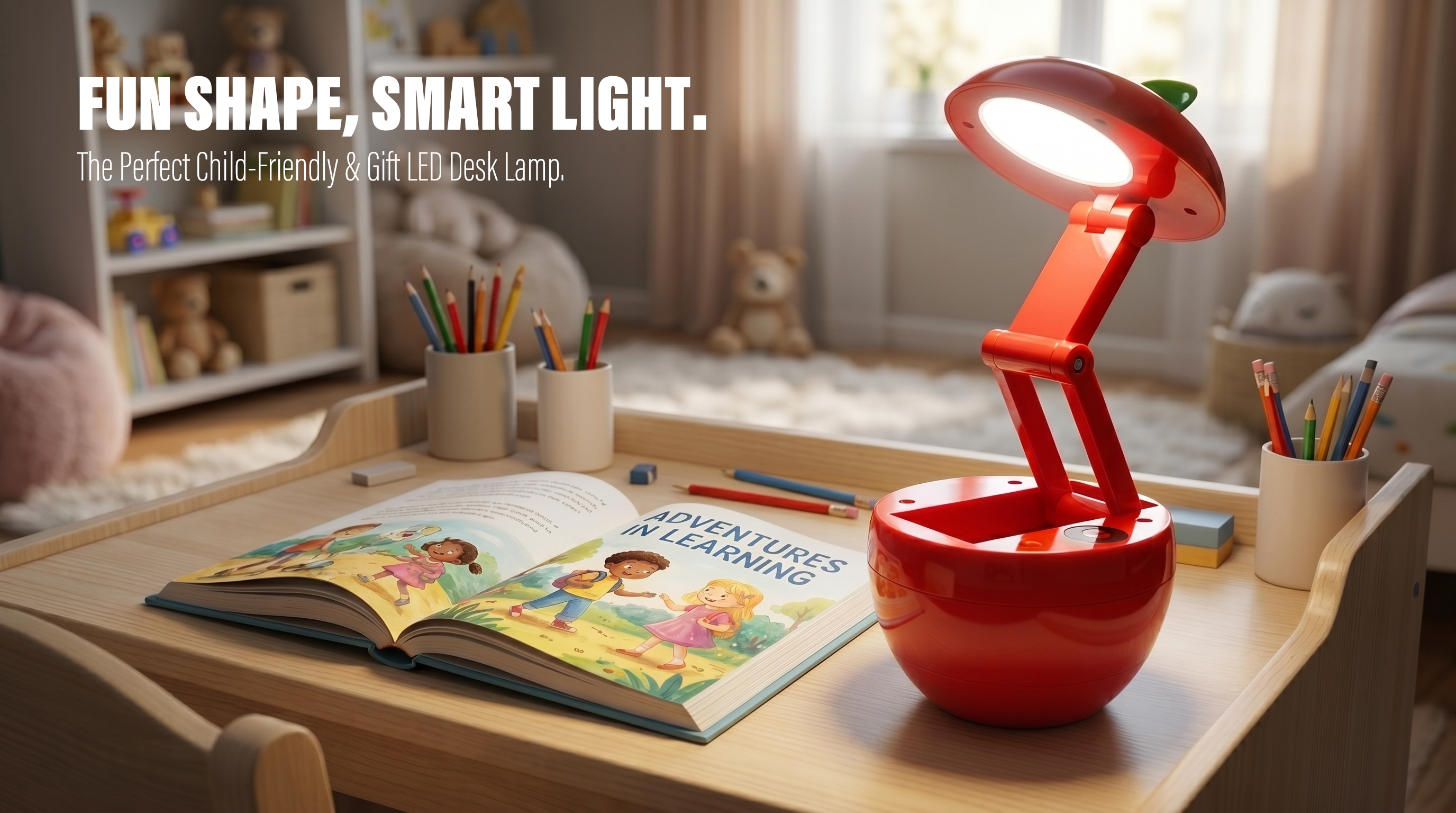 Wholesale child-friendly red apple-shaped LED desk lamp with adjustable arm on a wooden study desk.