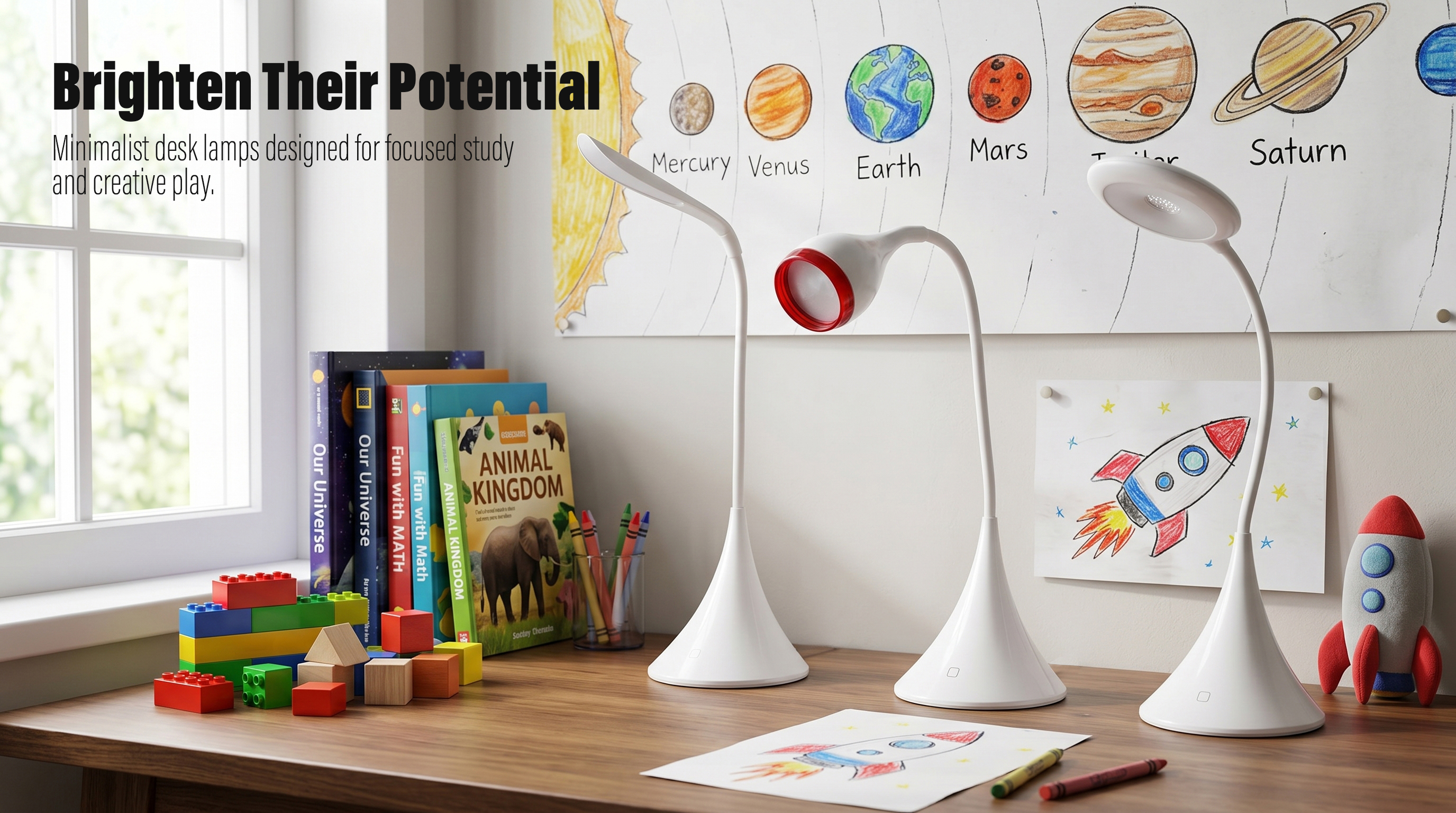 Three minimalist white LED desk lamps on a wooden desk in a modern children&rsquo;s study room with educational wall posters.