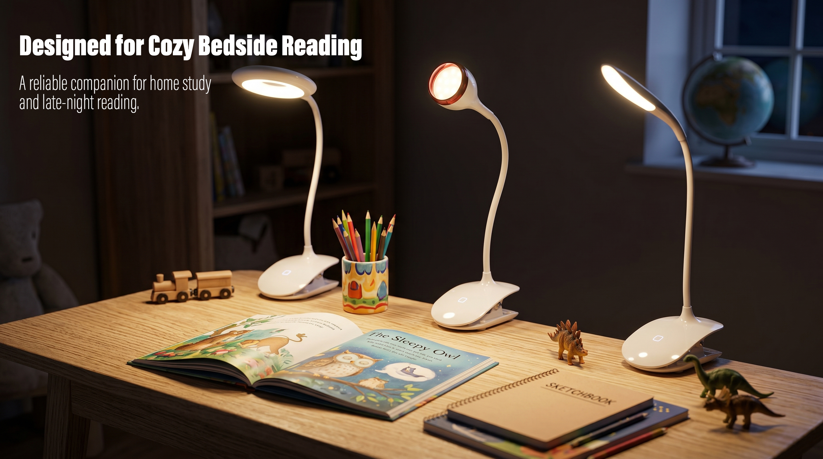 Rechargeable LED clip on desk lamp clamped on a wooden study table for night reading.