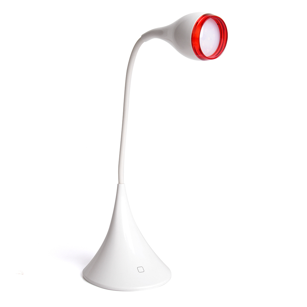 14 LED desk lamp featuring a white body with a distinctive red ring around the light head