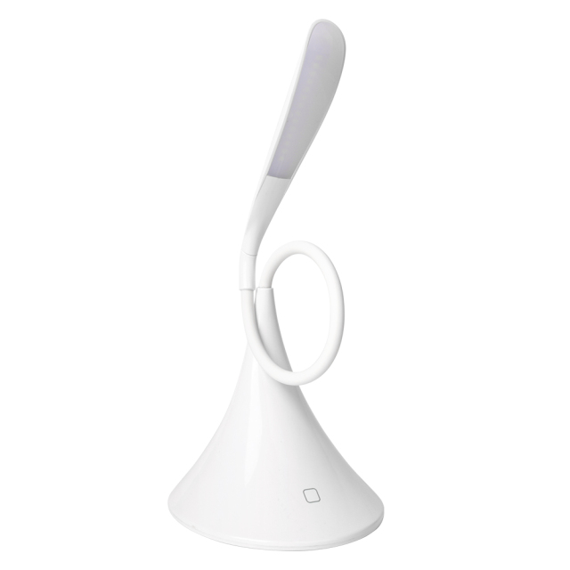 Adjustable twisted gooseneck LED reading light showing flexible rubber tube bending capability