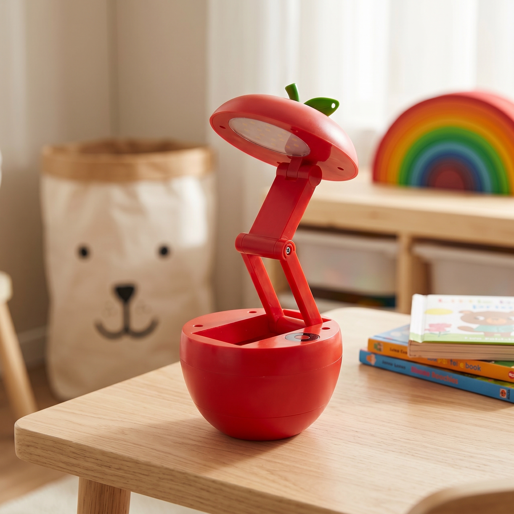 Red apple shaped folding LED desk lamp illuminating a book on a wooden child study desk