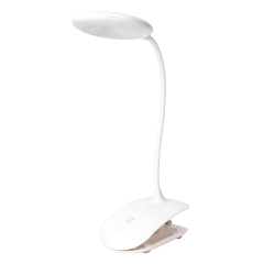 Cordless LED clip on lamp with an oval shaped head for bedside reading.