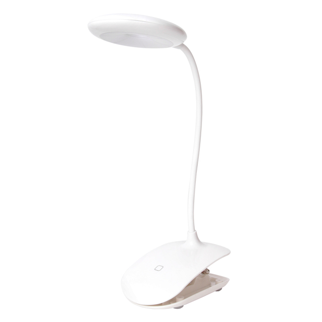 Cordless LED clip on lamp with an oval shaped head for bedside reading.