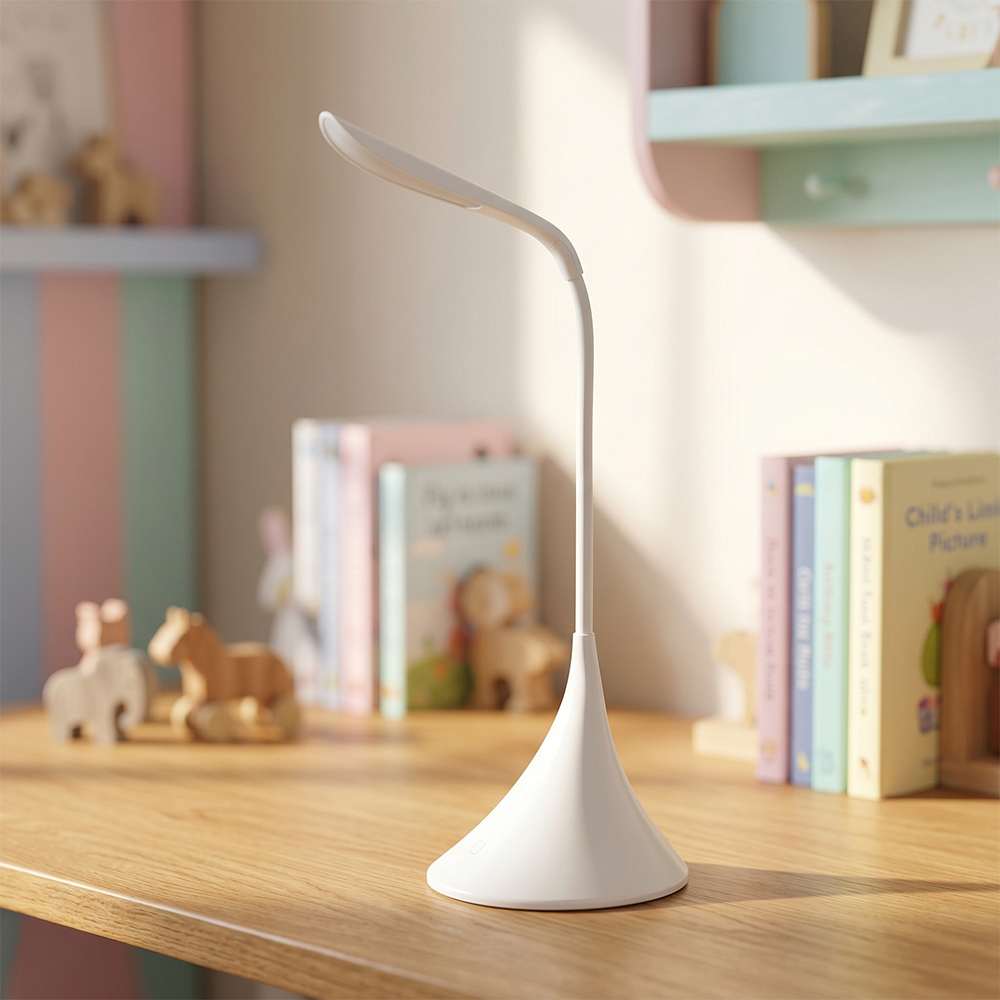 Flexible gooseneck LED desk lamp on a wooden study table with books in the background