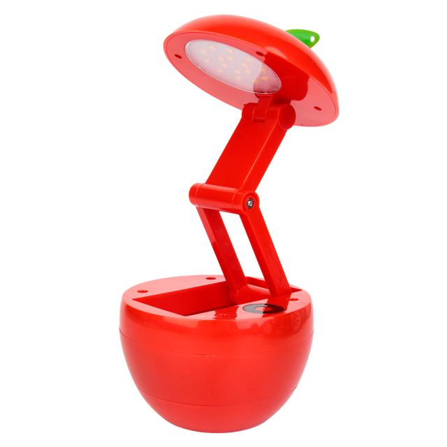 Side view of the apple shaped reading light showing the two-segment folding arm structure