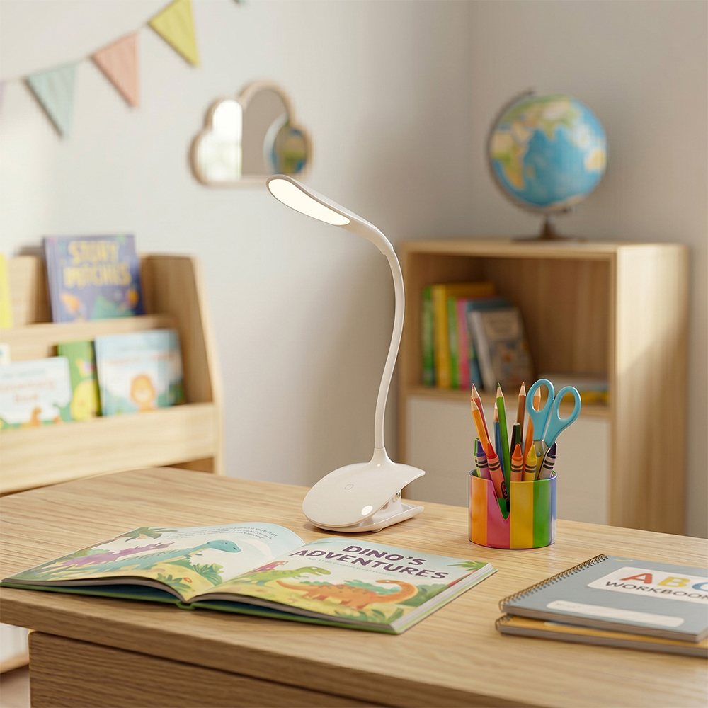 LED clip on desk lamp clamped on a wooden study table for night reading.