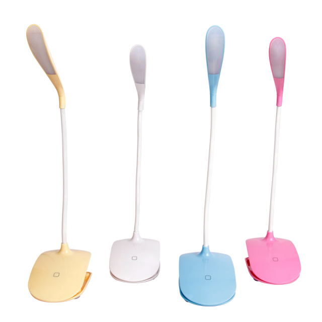 Four color options of rechargeable clip-on reading lamps for custom wholesale order.