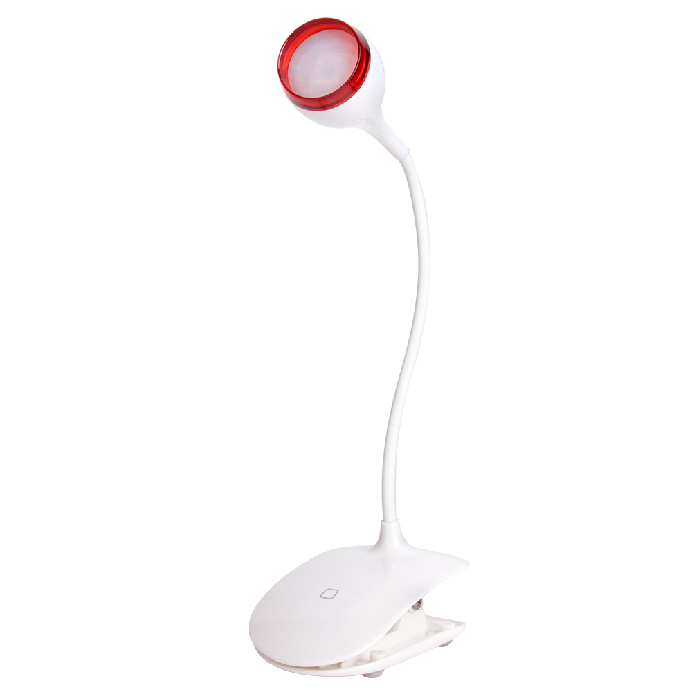 White rechargeable touch desk lamp with a round light head and flexible tube.