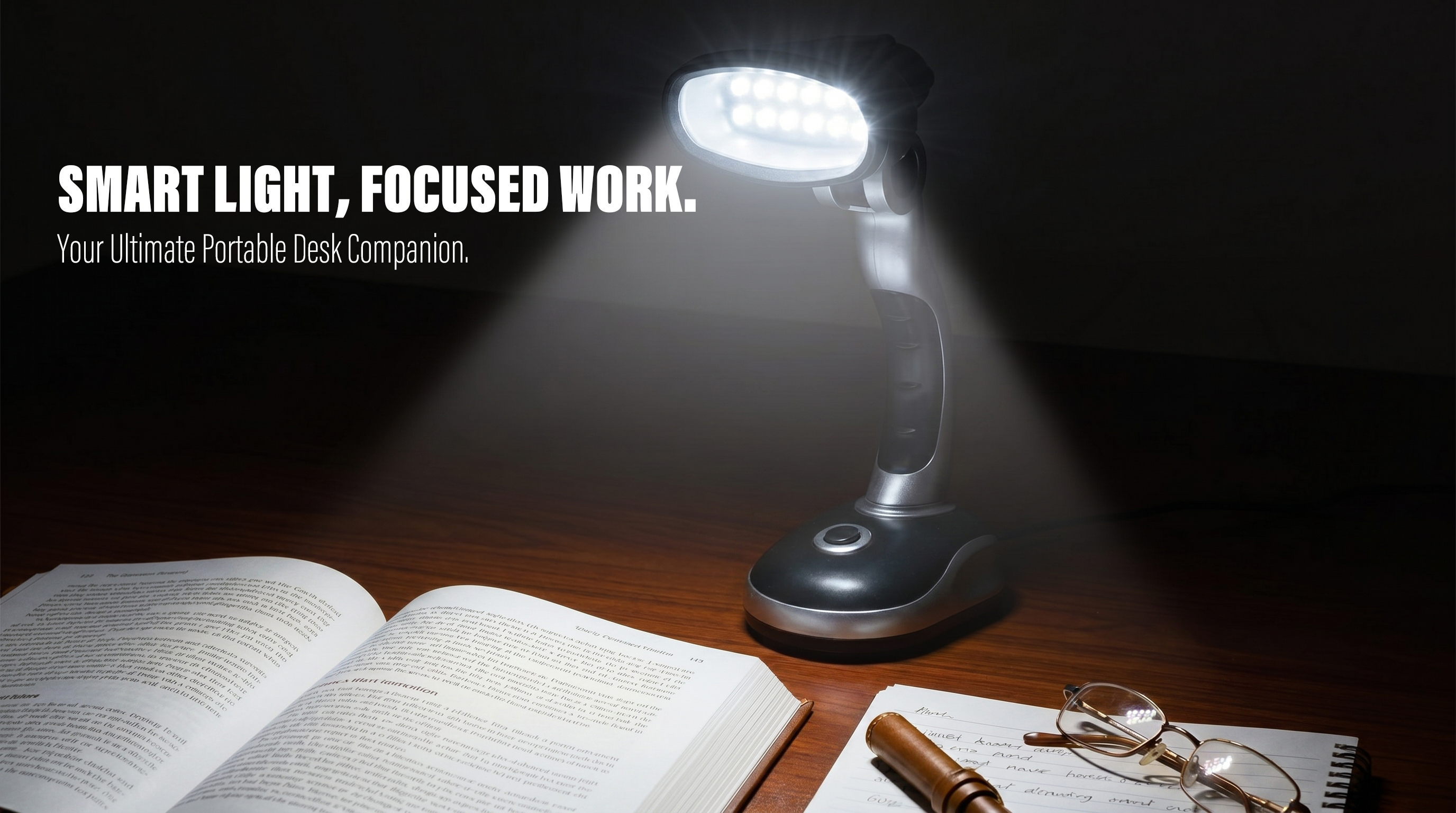 Adjustable folding LED desk lamp with multi-angle head illuminating a study book
